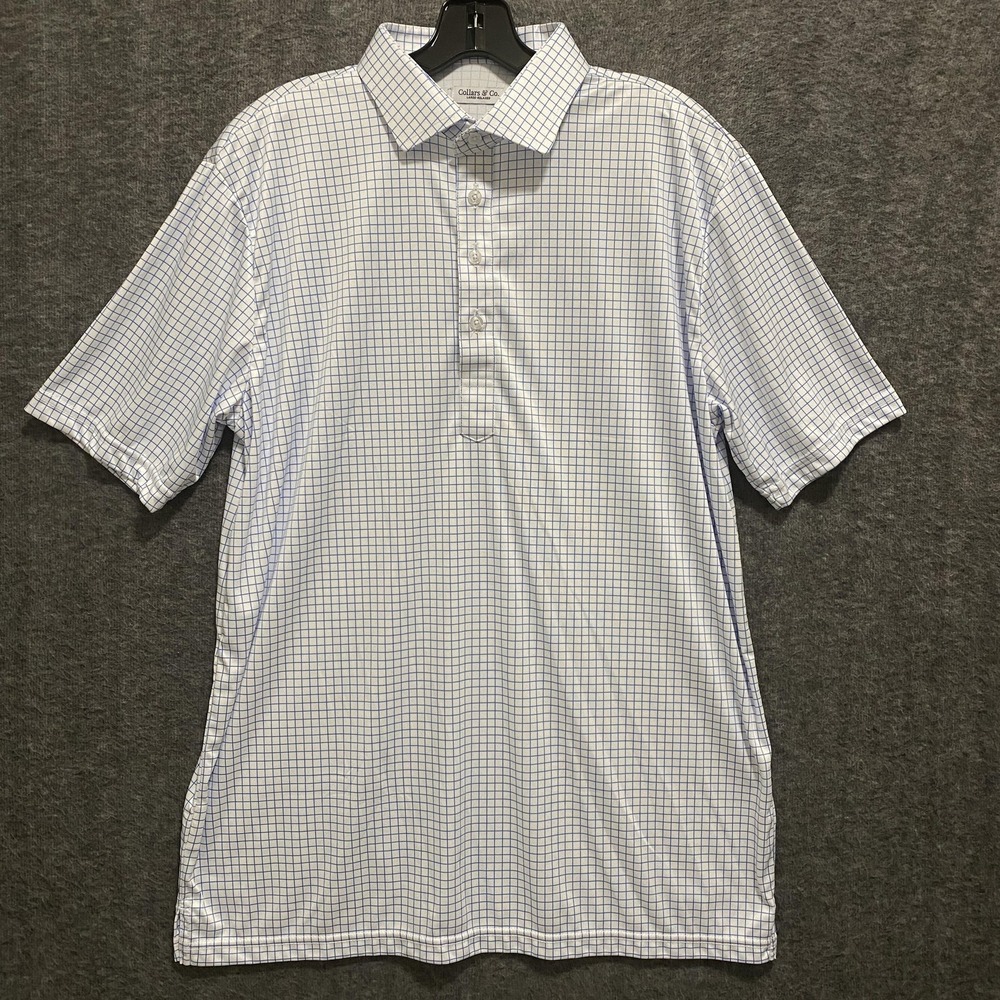 Collars & Co Dress Collar Polo Shirt Mens L White Check Relaxed Performance Golf